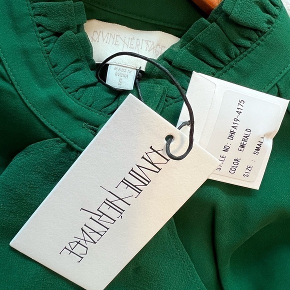 NWT Divine Heritage Silk Ruffle Front Blouse  Emerald Sheer Puff Sleeve - Picture 10 of 16
